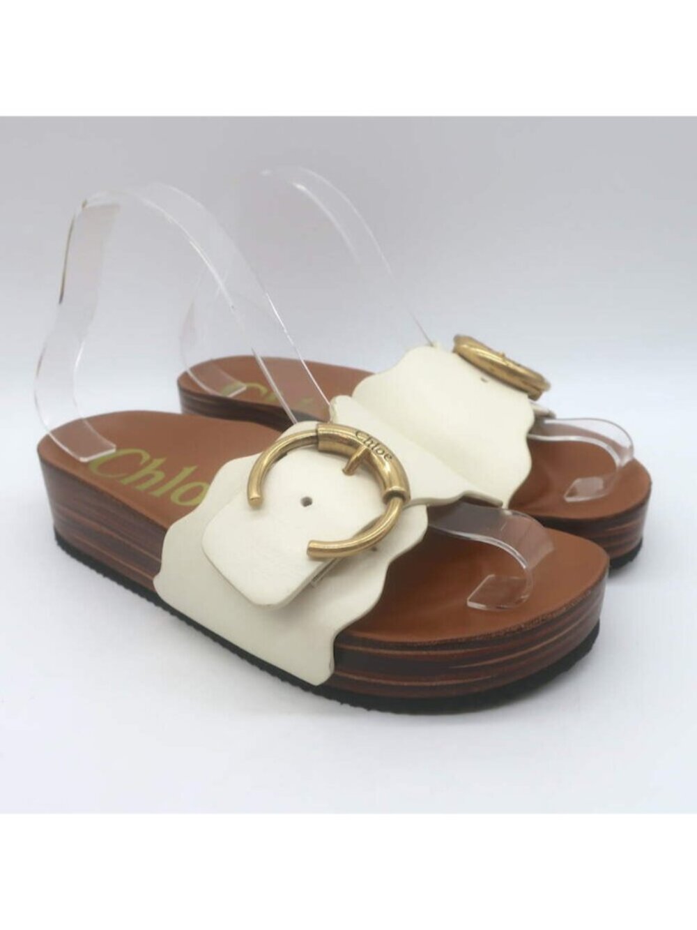 Chloe Lauren Buckled Flatform Slide Sandals Cream Leather Size 36
